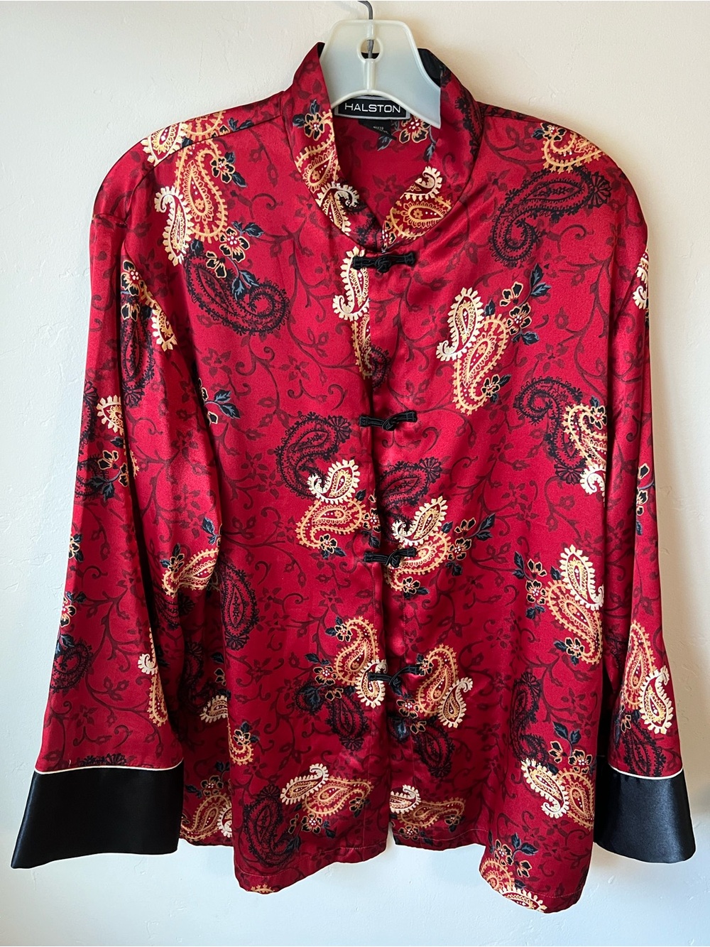 Halston Heritage Red Paisley Mandarin-Style Button Shirt